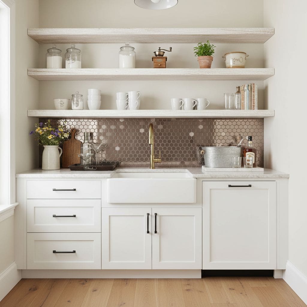 Bright white kitchen with a honeycomb tile backsplash, gold faucet, and open shelving. Features a farmhouse sink, potted plan.