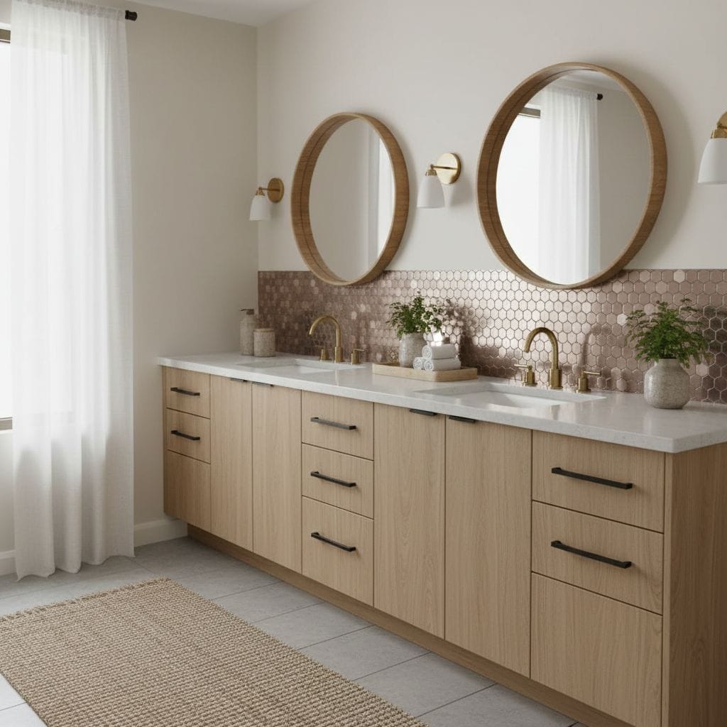 Bright bathroom with beige wooden cabinets, white countertop, and round wooden-framed mirrors. Soft natural light enhances th.