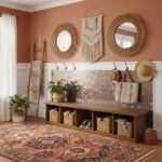 A cozy entryway with round wicker mirrors, woven wall hanging, and natural straw hats. Wooden bench with baskets, potted plan.