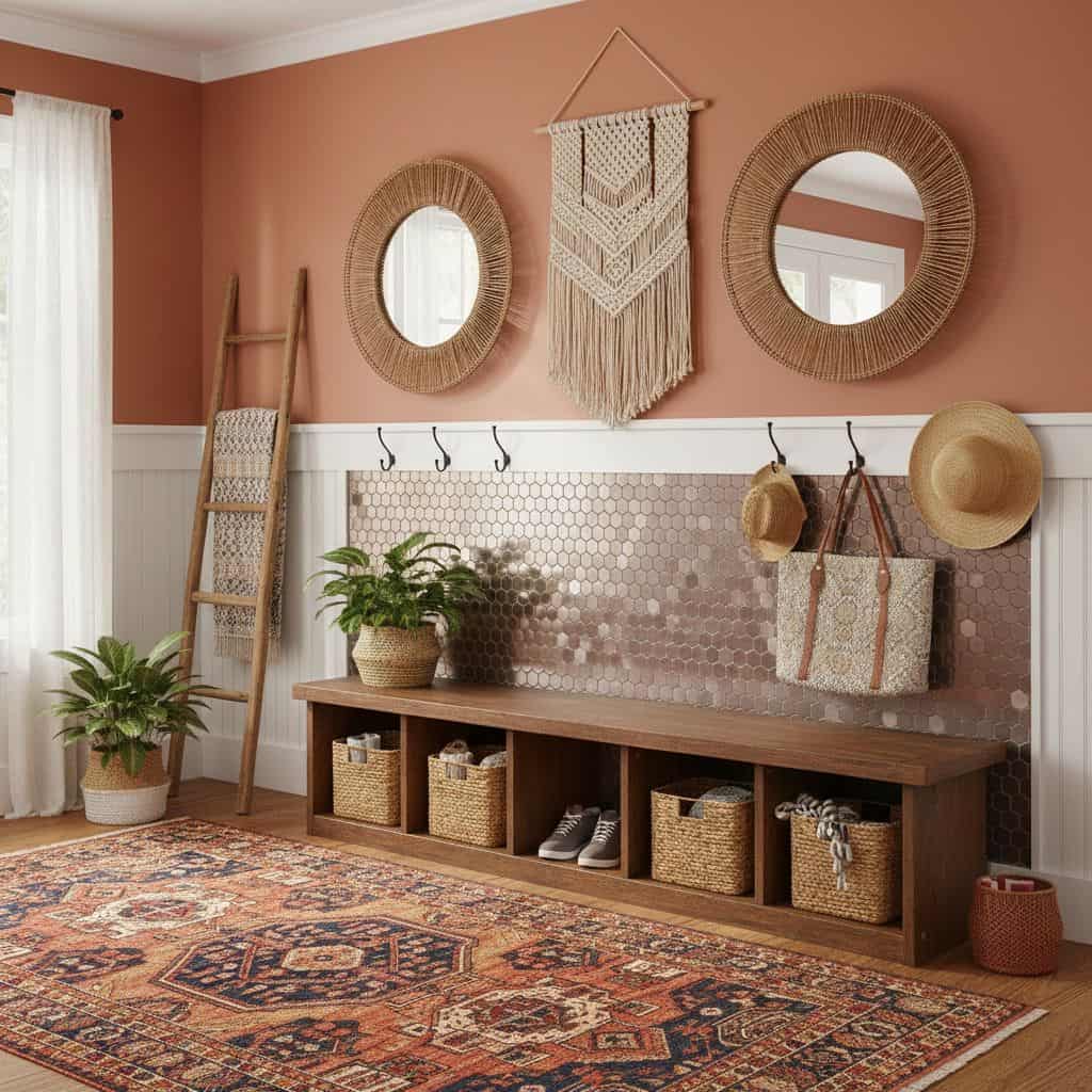 A cozy entryway with round wicker mirrors, woven wall hanging, and natural straw hats. Wooden bench with baskets, potted plan.