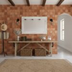 Warm terracotta-colored textured tiles with a matte finish, arranged in a grid pattern.