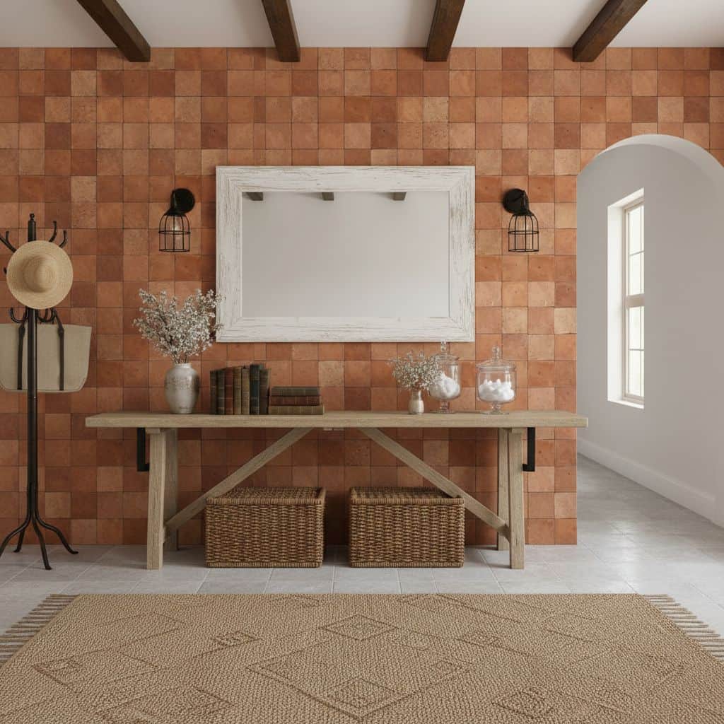 Warm terracotta-colored textured tiles with a matte finish, arranged in a grid pattern.