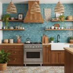Blue mosaic tile backsplash with textured surface in a modern kitchen setting.