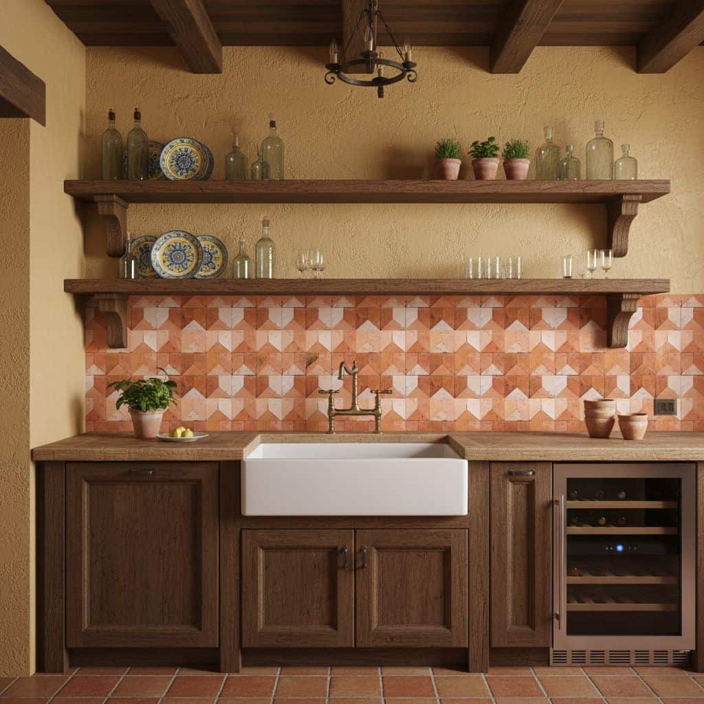 Rustic terracotta tile backsplash with geometric pattern, matte finish, warm earthy tones, complementing wooden cabinetry and.