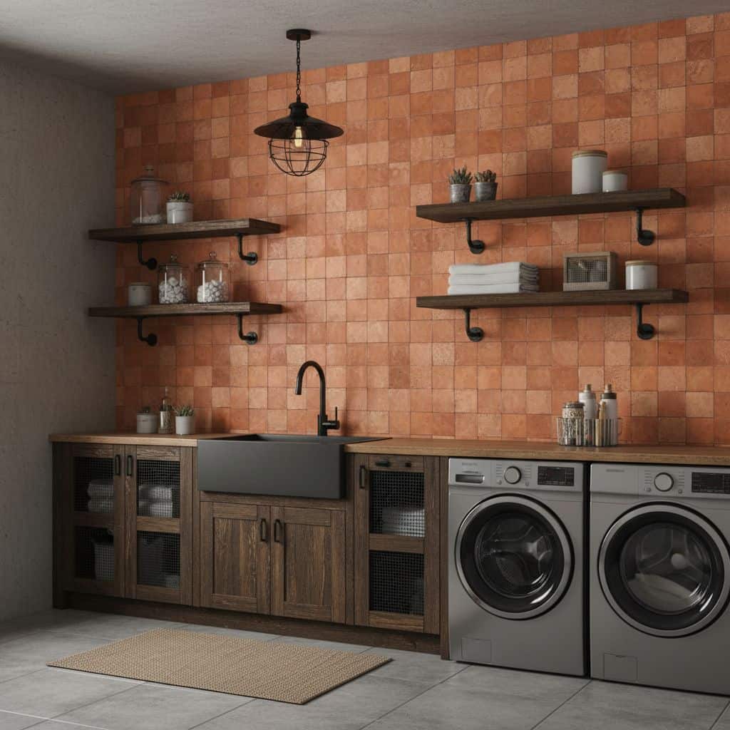 A textured terracotta tile wall in a modern kitchen with wooden cabinetry and laundry appliances.