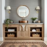 Bright bathroom vanity with wooden cabinet, copper vessel sink, and round mirror, accented by wall-mounted lamps and decorati.