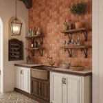 Colorful terracotta tile wall with textured finish in a kitchen setting.
