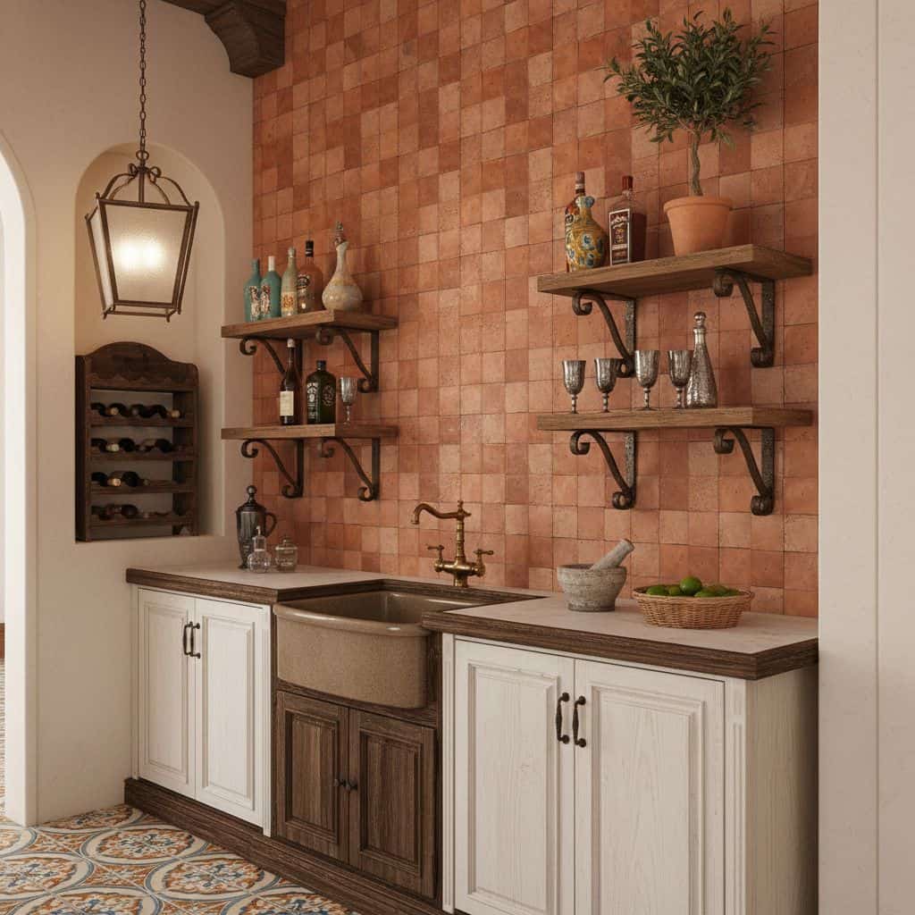 Colorful terracotta tile wall with textured finish in a kitchen setting.