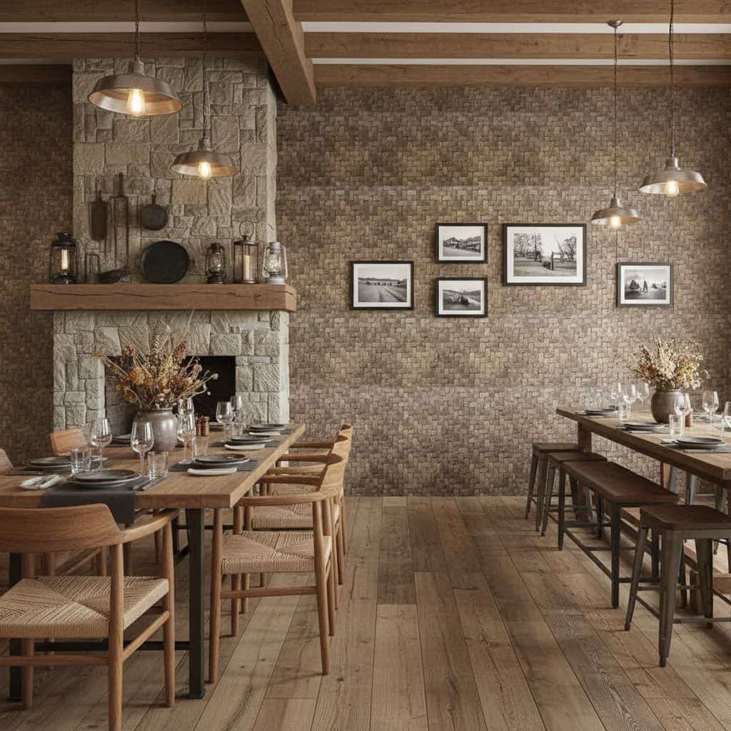 A textured stone brick wall with earthy tones, complementing the wooden furniture and cozy ambiance of the dining space.