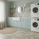 Bright and clean laundry room with light beige and blue patterned ceramic tiles, white cabinetry, and modern appliances.