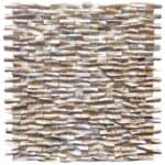 Shimmering mother of pearl tile with iridescent, textured surface in neutral tones.