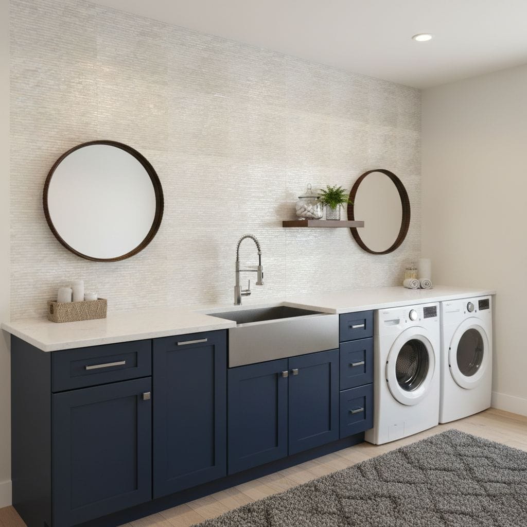 Bright laundry room with blue cabinetry, white countertop, and textured white wall tiles. Features a stainless steel sink, ro.
