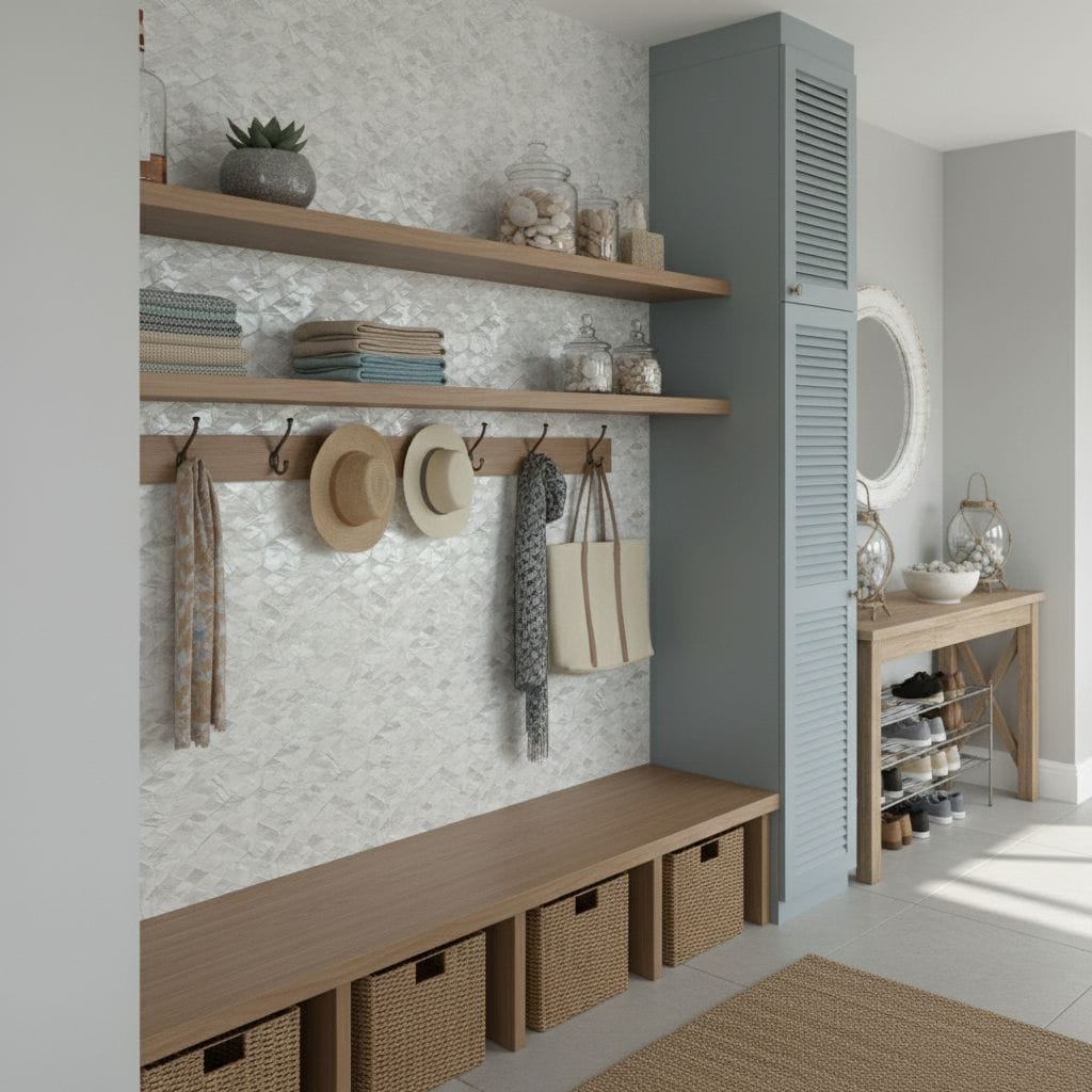 Bright, textured white tile wall with wooden shelves and hooks.