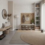 Bright, inviting entryway featuring beige textured tiles, wooden wall panel, and minimalist decor.