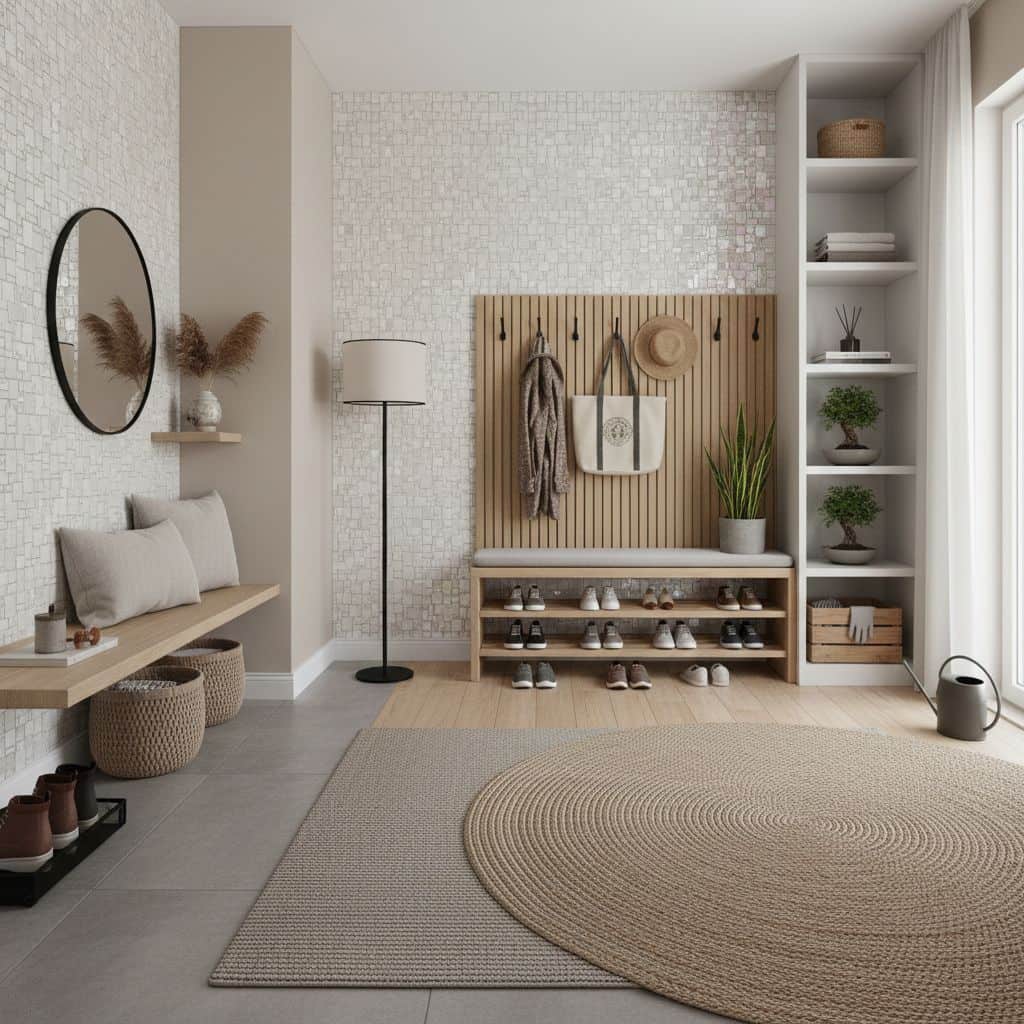Bright, inviting entryway featuring beige textured tiles, wooden wall panel, and minimalist decor.