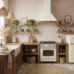 Neutral beige textured tile wall in kitchen, adding warmth and subtle pattern to modern home decor.