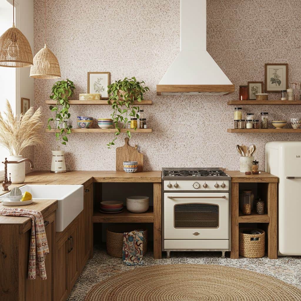Neutral beige textured tile wall in kitchen, adding warmth and subtle pattern to modern home decor.