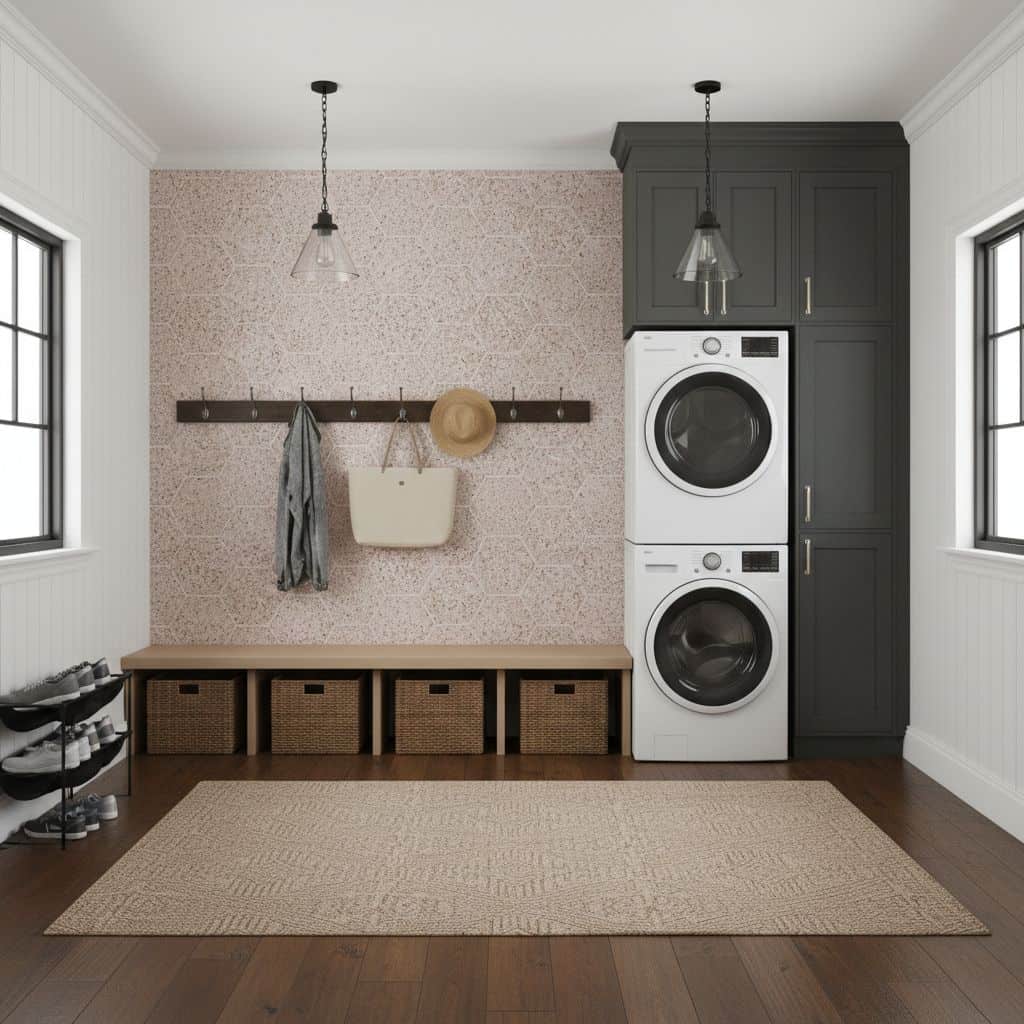 Bright laundry room featuring pink textured tile wall and dark gray cabinetry. Includes washer, dryer, and woven storage bask.