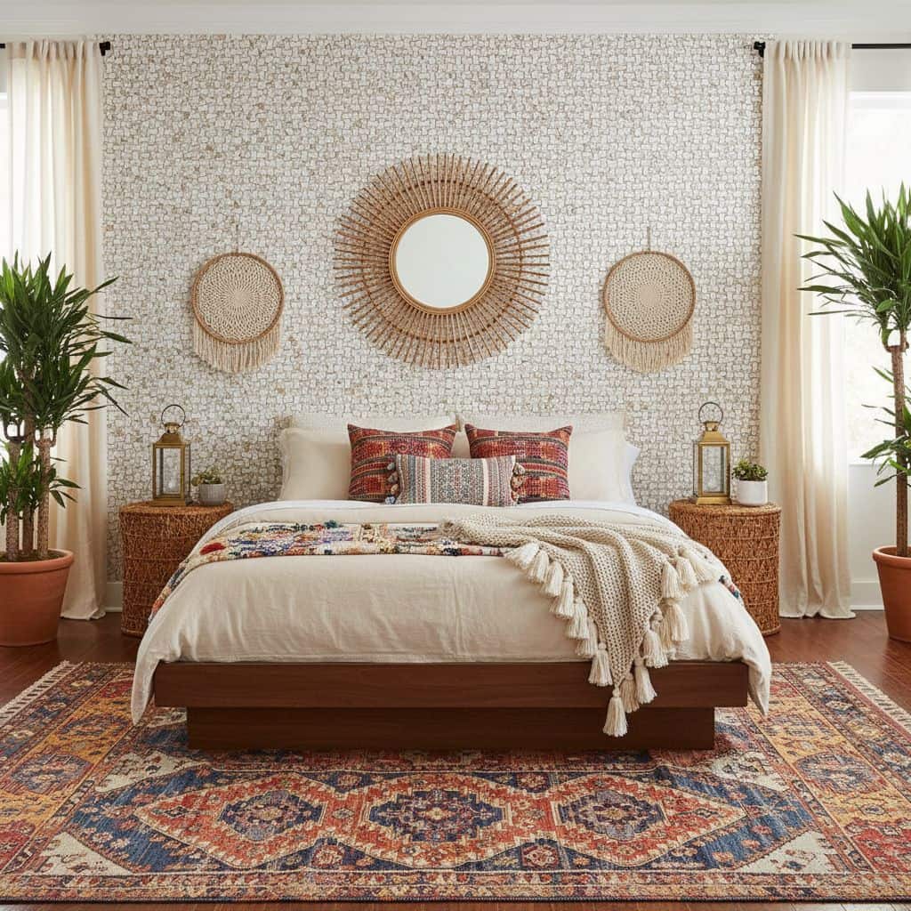 Bright bedroom with textured wall, woven wall decor, and patterned area rug. Features a cozy bed with colorful pillows and na.
