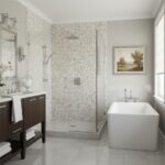 Elegant mosaic tile with neutral tones, textured surface, perfect for bathroom shower walls.