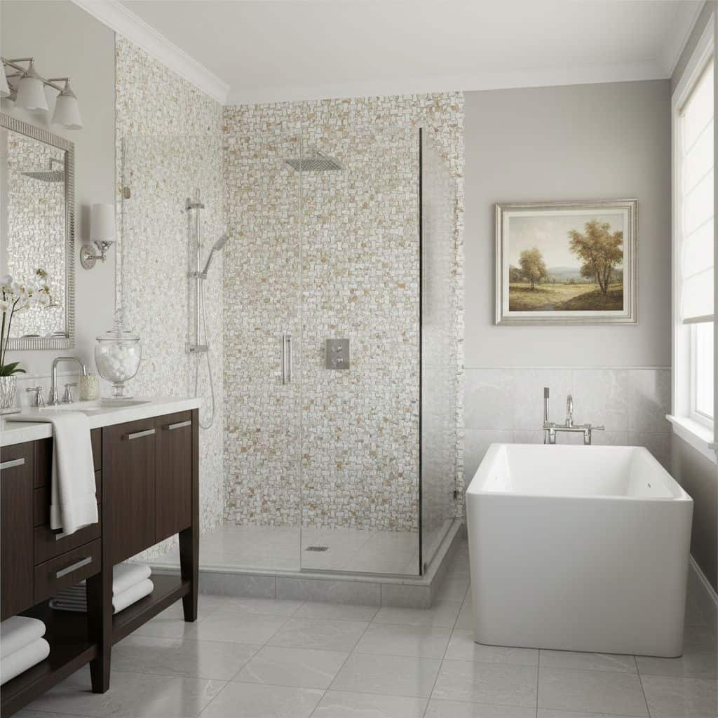 Elegant mosaic tile with neutral tones, textured surface, perfect for bathroom shower walls.