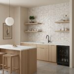 Beige mosaic tile with textured surface, in a contemporary kitchen setting.