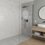 Gray textured ceramic tile with matte finish in shower area.