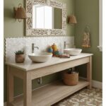 Bright bathroom with double sinks, decorative vases, and a large mirror.
