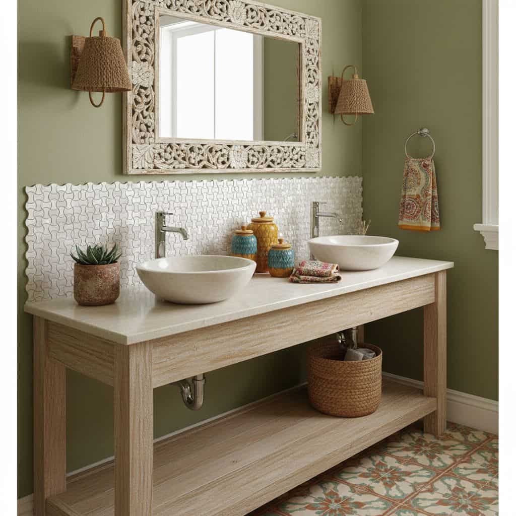 Bright bathroom with double sinks, decorative vases, and a large mirror.