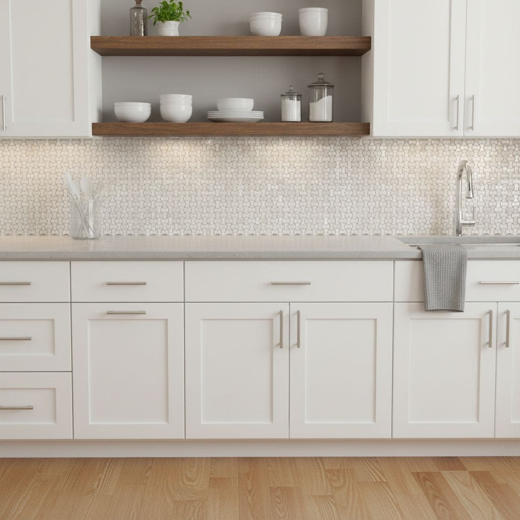 Bright white ceramic tiles with a subtle textured pattern, complemented by natural wood shelves and white kitchen accessories.