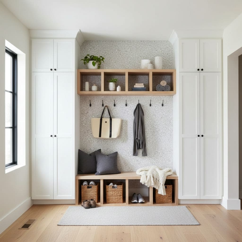 Bright entryway with white cabinets, wooden shelves, and hooks for organization. Neutral tones and natural materials create a.