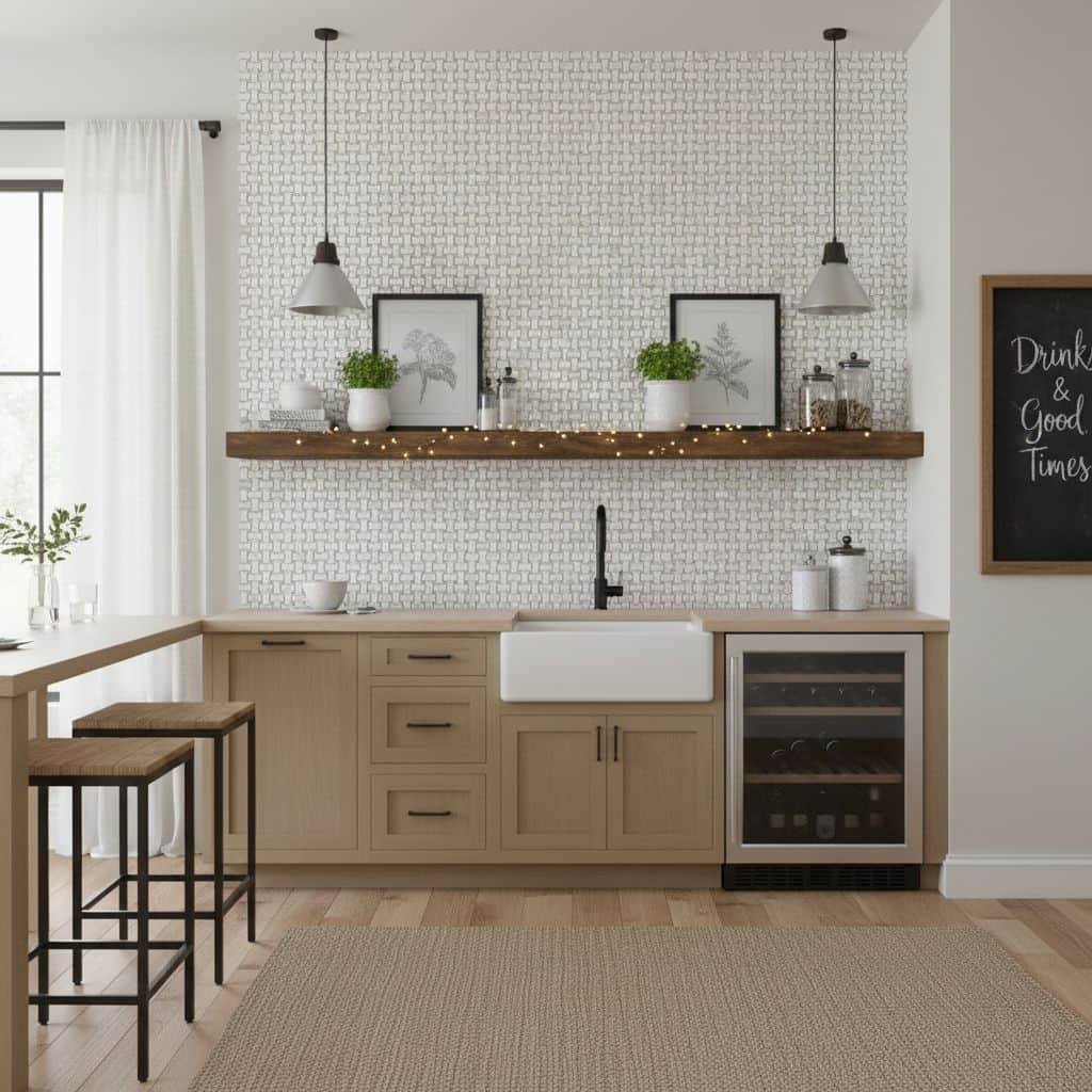 Beige textured tile backsplash with subtle pattern, complementing light wood cabinetry and black fixtures in a contemporary k.