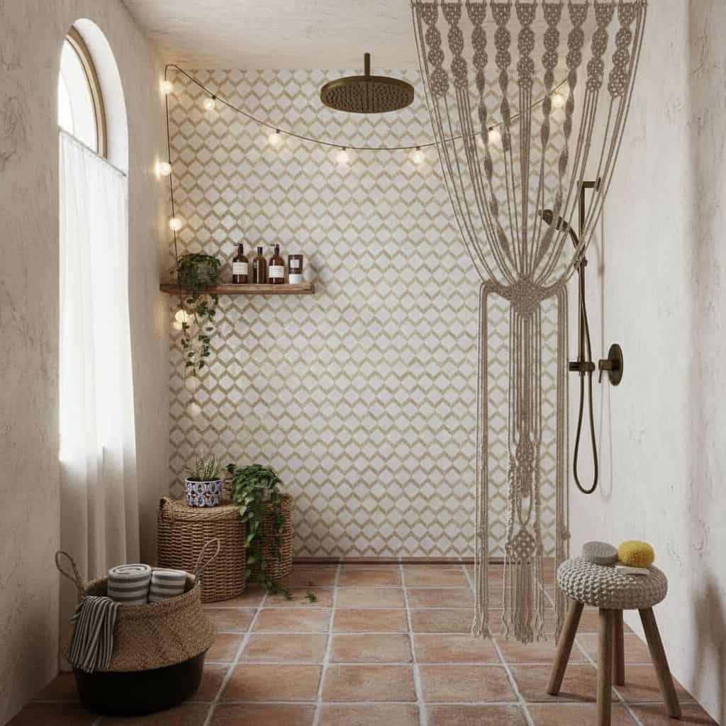 Bright bathroom with beaded curtain, terracotta tiles, and natural accents.