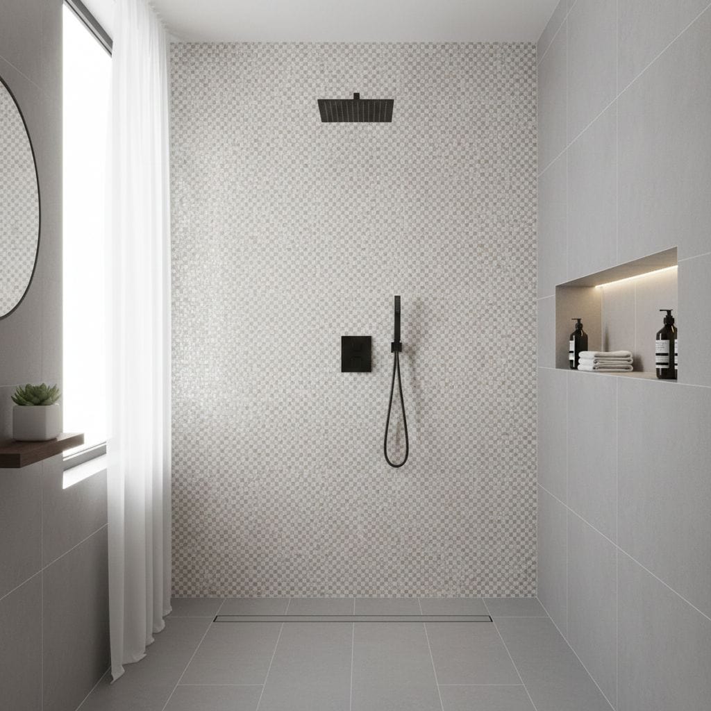 White mosaic tile with textured surface in shower area.