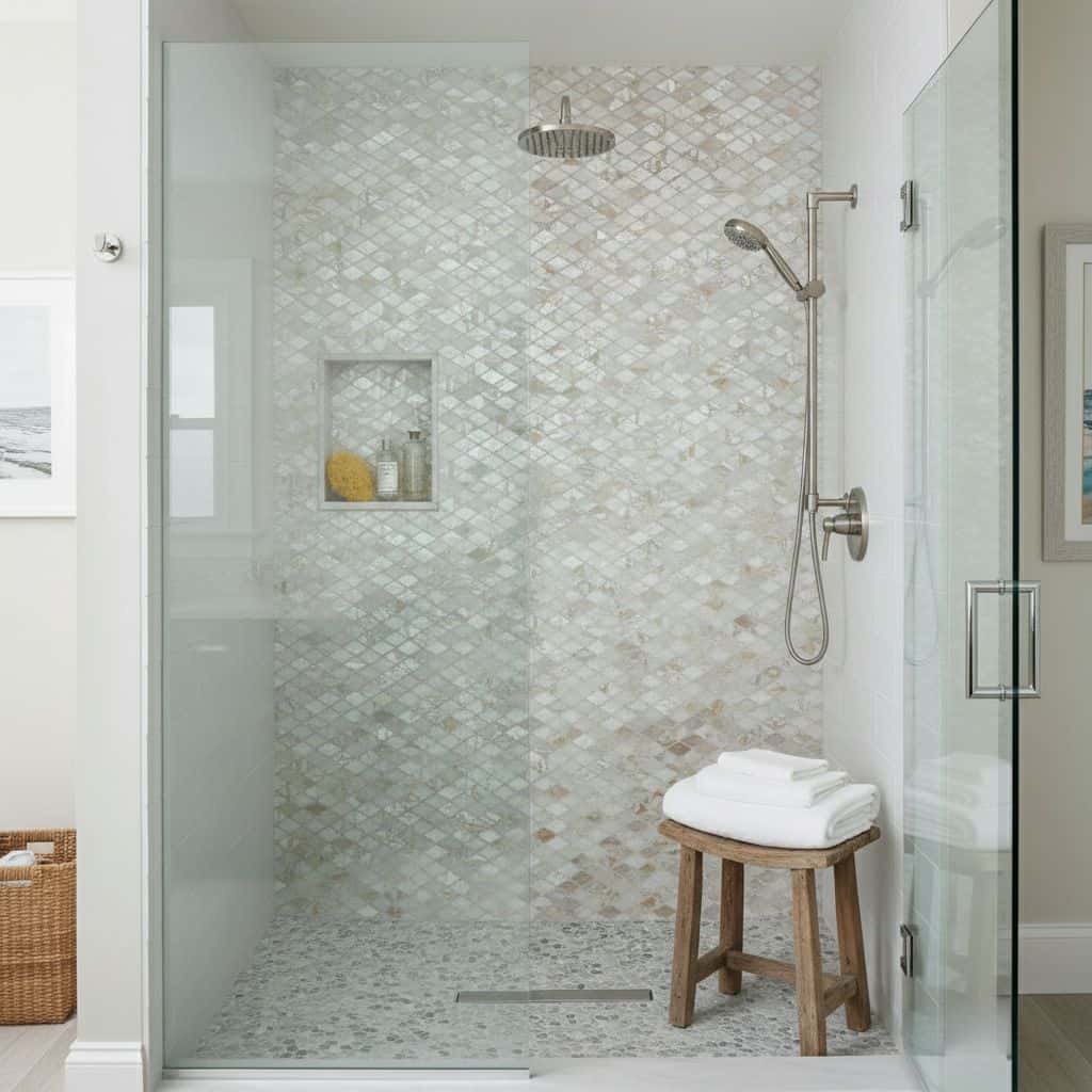 Elegant marble-look shower tiles with a subtle shimmer and textured surface.