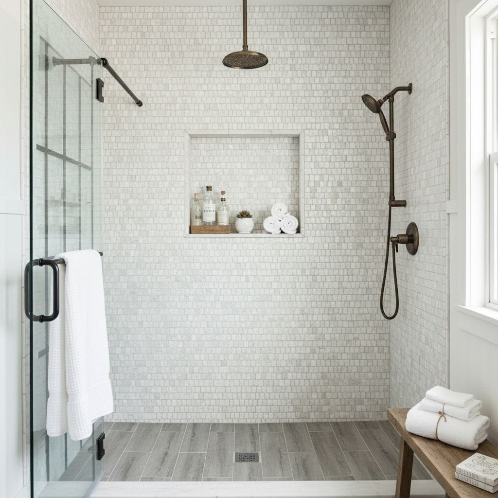 Bright white mosaic tile shower with built-in niche and bronze fixtures.