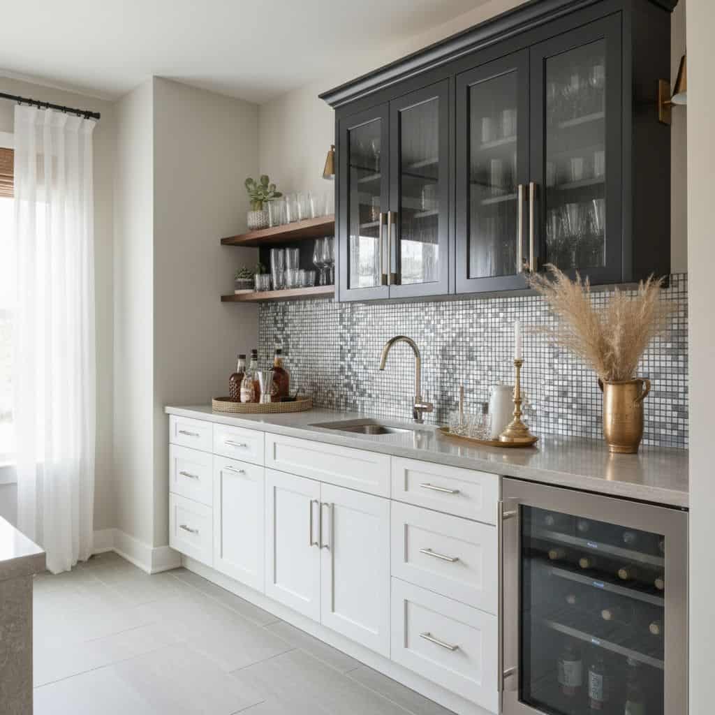 Bright kitchen with white cabinetry, dark upper cabinets, and a mosaic tile backsplash. Features a wine cooler, gold accents,.