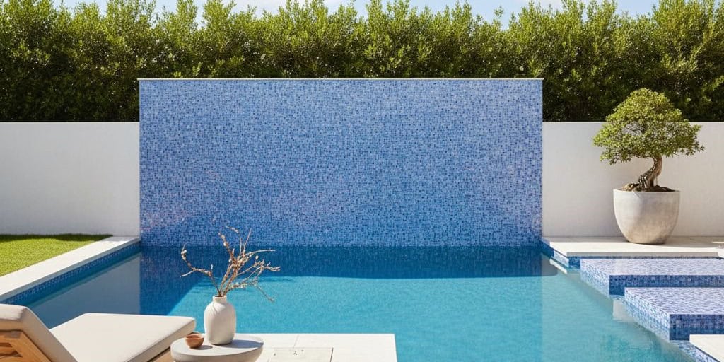 Blue mosaic tile with textured surface for pool walls.