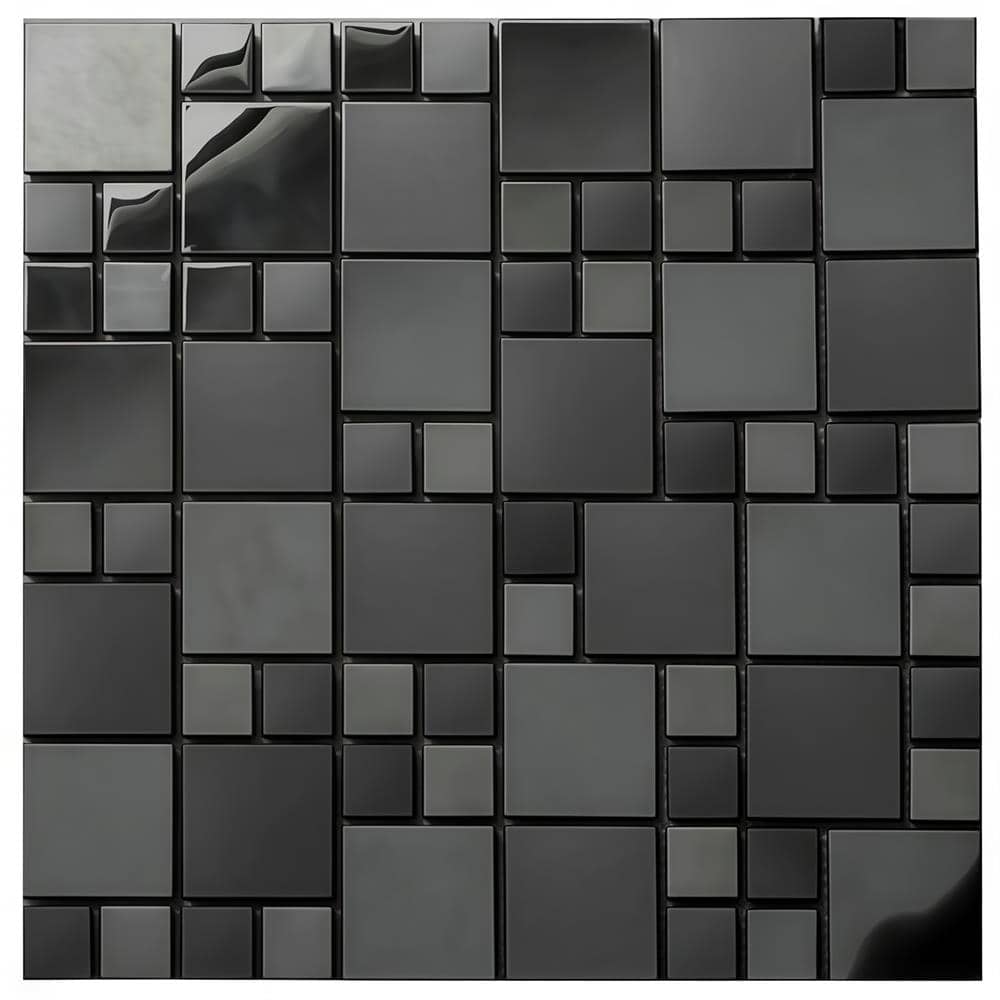 Black ceramic tile mosaic with smooth, glossy finish and varied sizes, ideal for contemporary wall or floor accents.
