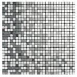 Shimmering silver mosaic tile with small square glass pieces, smooth texture, and reflective surface. Perfect for modern back.