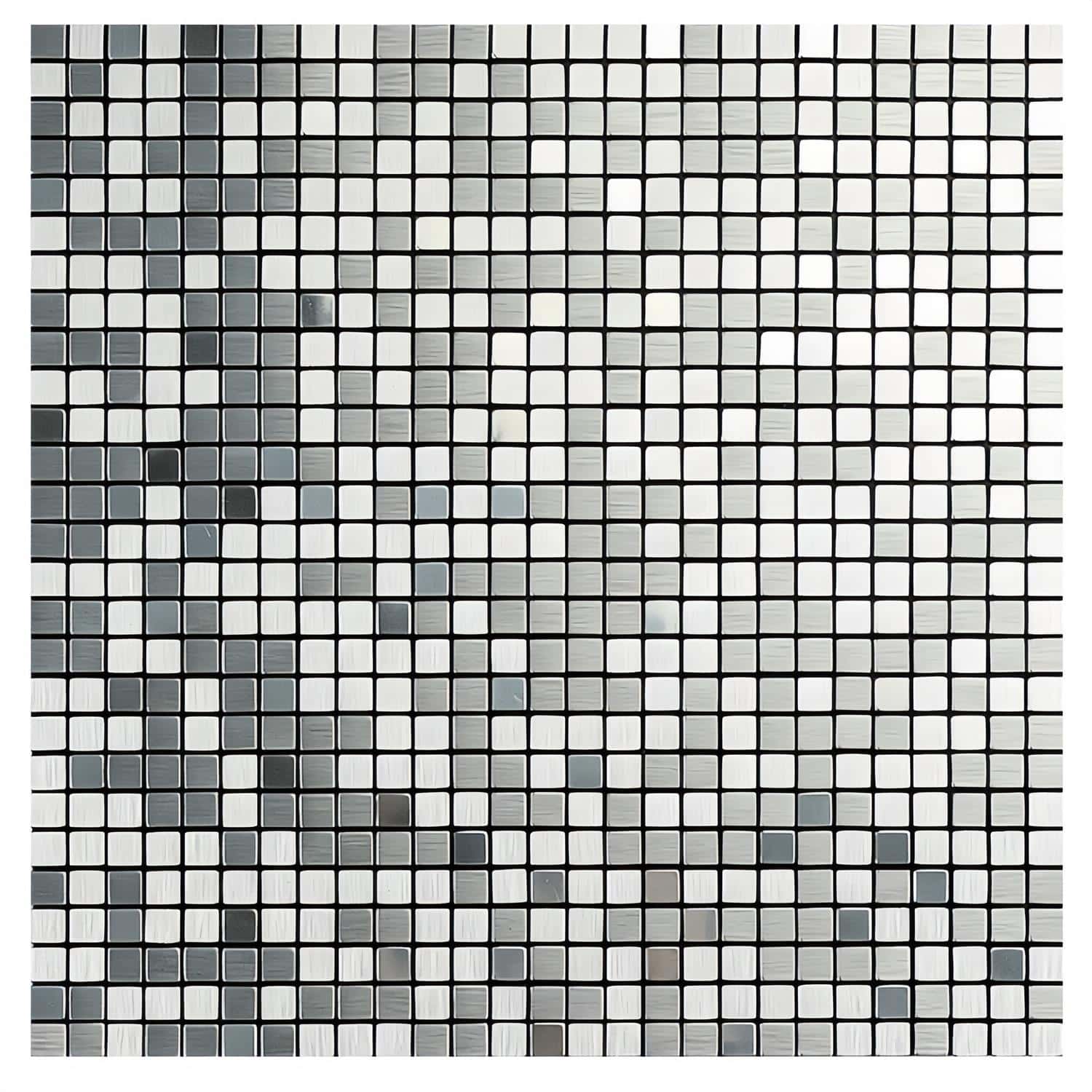 Shimmering silver mosaic tile with small square glass pieces, smooth texture, and reflective surface. Perfect for modern back.