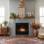 Fireplace wall featuring white brick tiles, wooden shelf with decor, and potted plants, creating a cozy and stylish living ro.