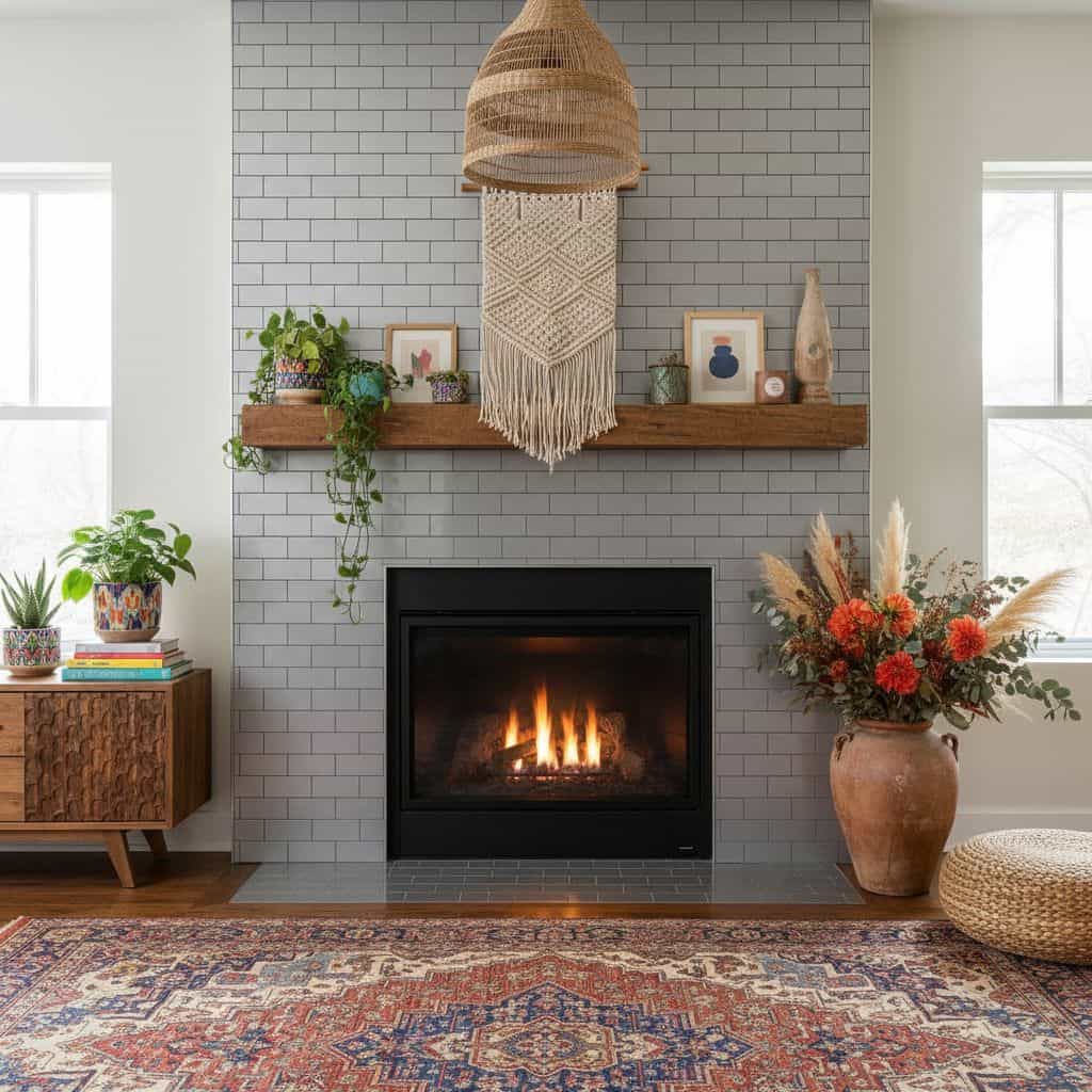 Fireplace wall featuring white brick tiles, wooden shelf with decor, and potted plants, creating a cozy and stylish living ro.