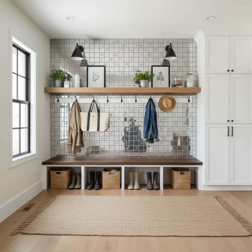 Bright white square tiles with a glossy finish and black grout lines, creating a modern and clean look.