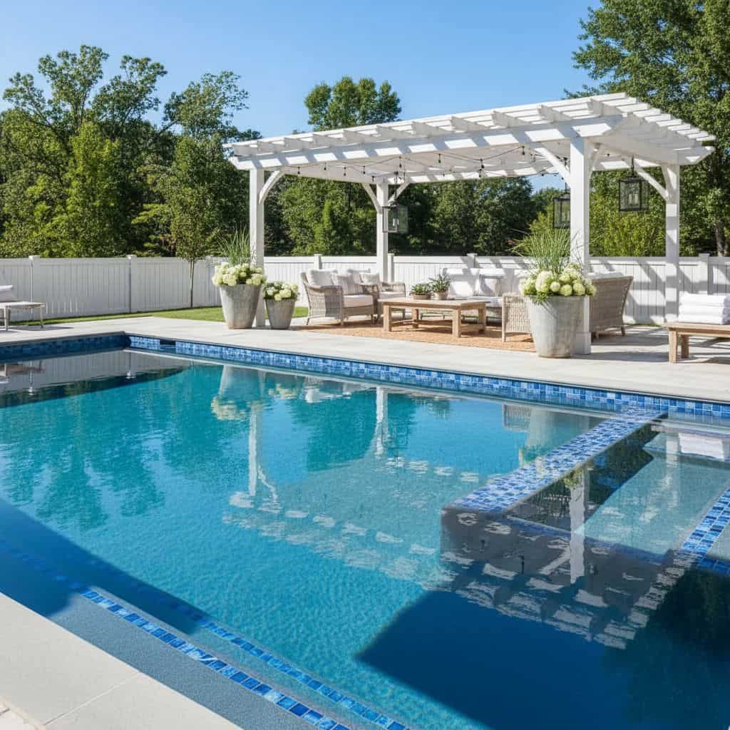Blue ceramic pool tile with textured surface, perfect for outdoor swimming pools, adding a sleek and durable finish.