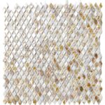 Shimmering mother of pearl mosaic tile with iridescent, smooth texture in white, beige, and gold tones. Perfect for luxurious.