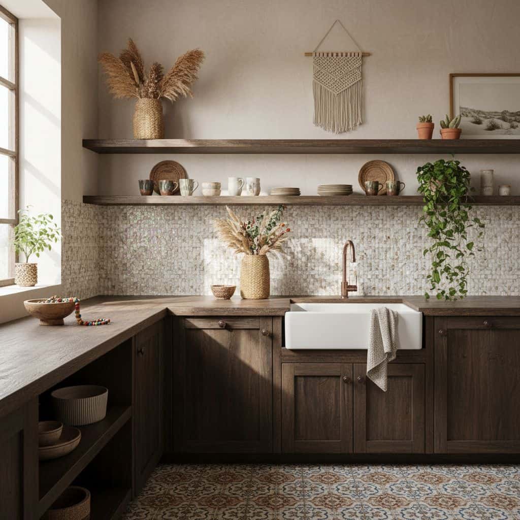 Neutral mosaic tile with textured surface, warm beige and brown tones, rustic aesthetic.