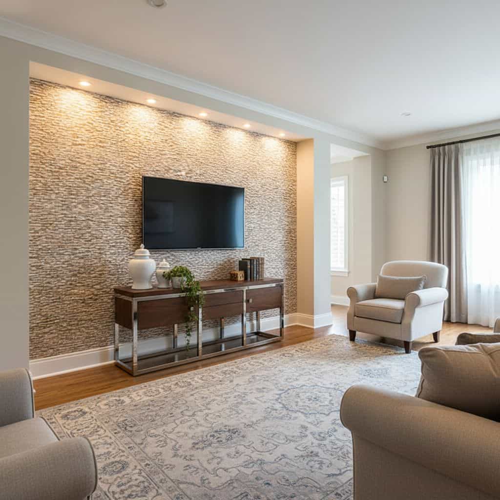 Beige textured tile wall behind the TV, adding warmth and elegance to the living room. Smooth surface with a natural stone ap.