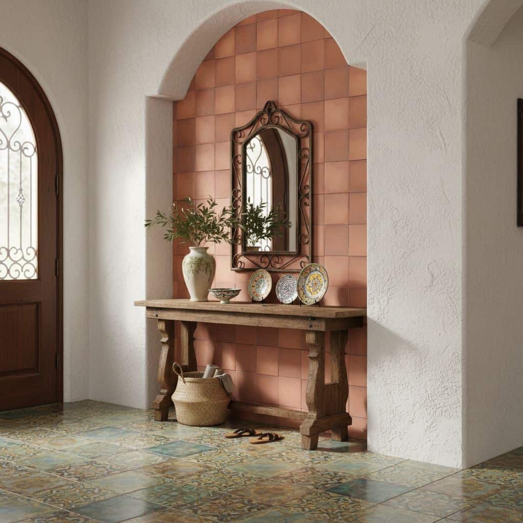 Terracotta-colored ceramic tiles with textured surface and matte finish in entryway.