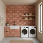 Terracotta-colored textured tiles in laundry room with white appliances and wooden shelves.